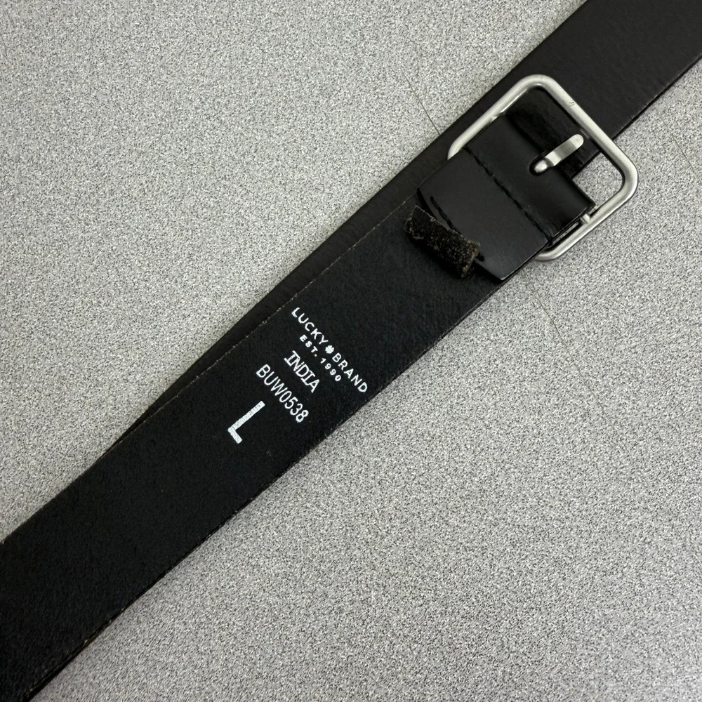 Lucky Brand Belt Mens Large Black Leather Silver Square Buckle BUW0538 Casual